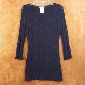 FUZZI Womens Top Small Black Pullover Tunic Floral Lace Lined Stretch Knit